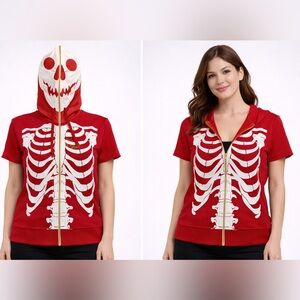 NWT Redfox Women’s Red or Black Short Sleeve Skeleton Hoodie W/Face
